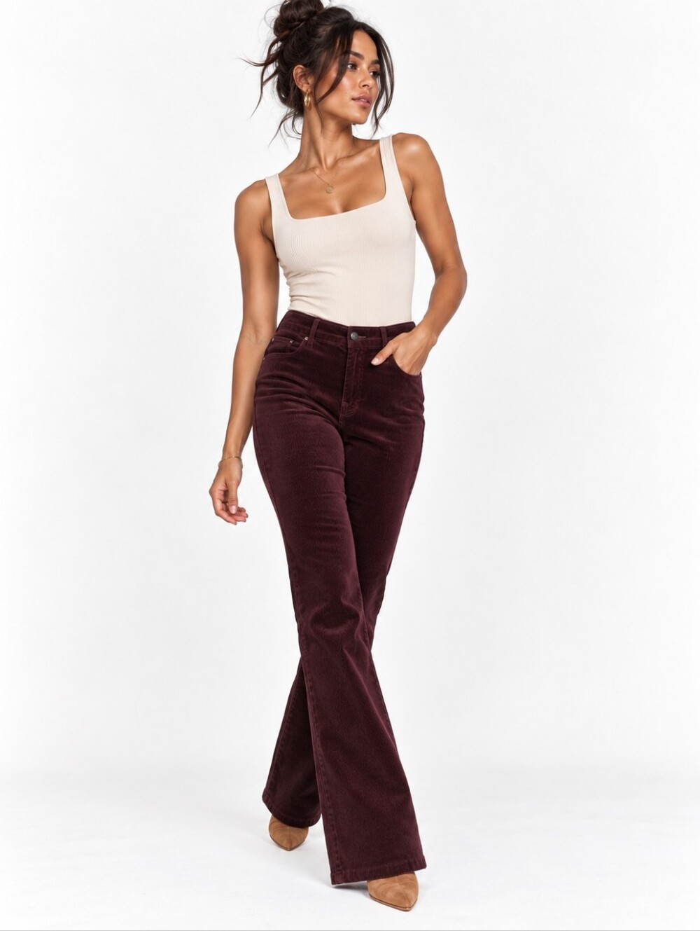 Good American Good Legs Low Flare Corduroy Pants Burgundy Size 10/30